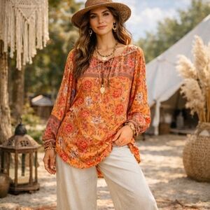 Orange Floral Peasant Top Lightweight Festival Flowy Rayon Blouse By Umgee Sz M